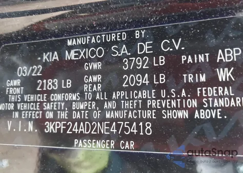 2022 Kia Forte Lxs z USA, uszkodzony, nr VIN 3KPF24AD2NE475418